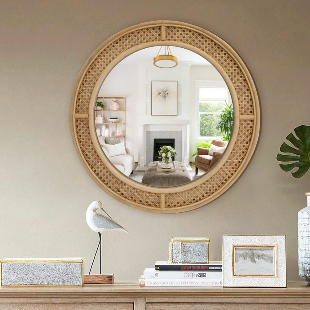 NEW West Elm Large Round Mirror Wicker Rattan Boho Wall Hanging Decor - 24” Diam - Picture 3 of 9